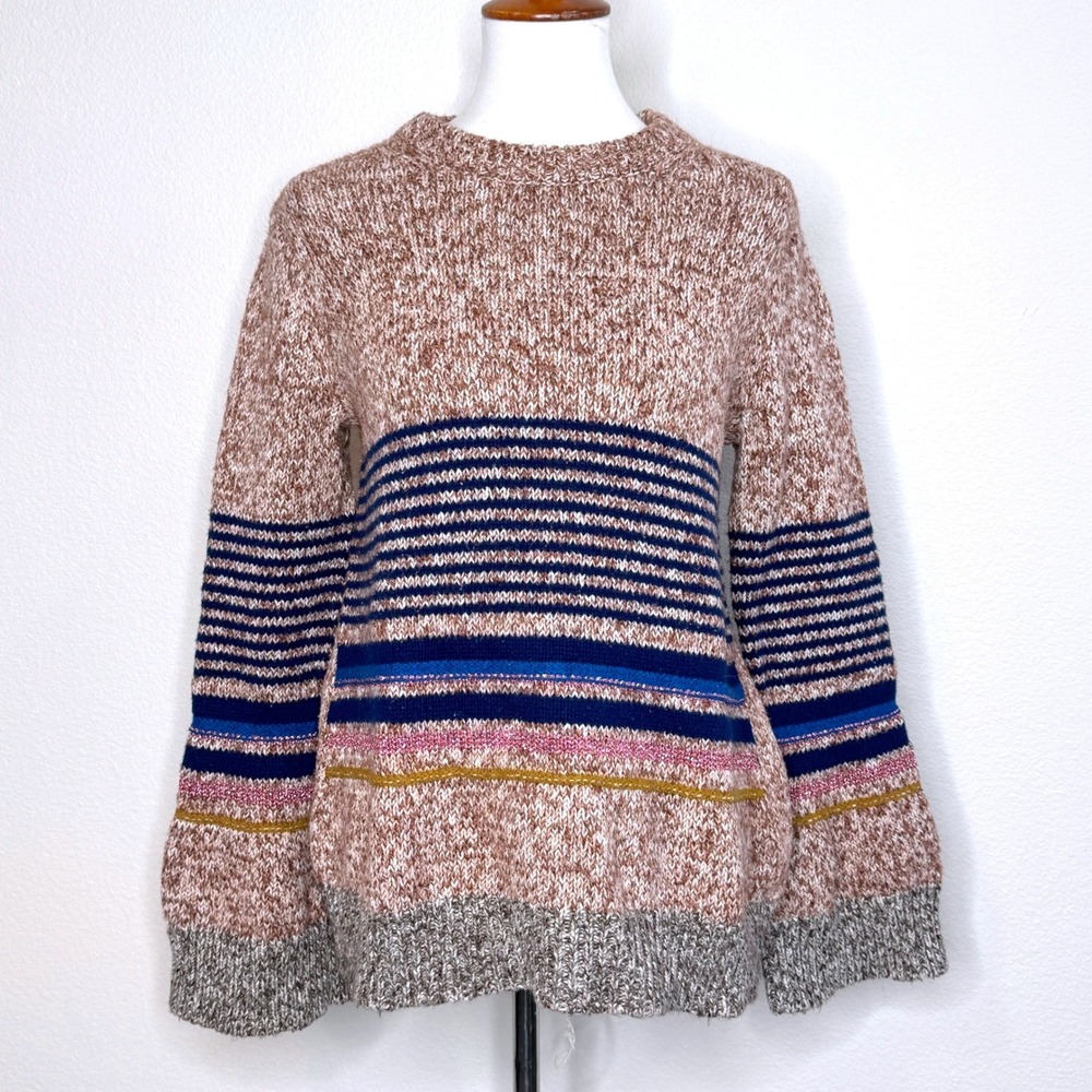 SEE BY CHLOE Striped Metallic‎ Sweater XL Caramel Long Bell Sleeve Wool Blend